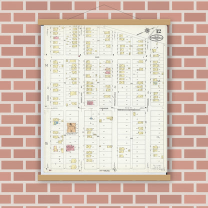 Old map wall art mockup — magnetic wood frame on brick wall — Sanborn Fire Insurance Map from Steubenville, Jefferson County, Ohio (1913), Sheet #0012