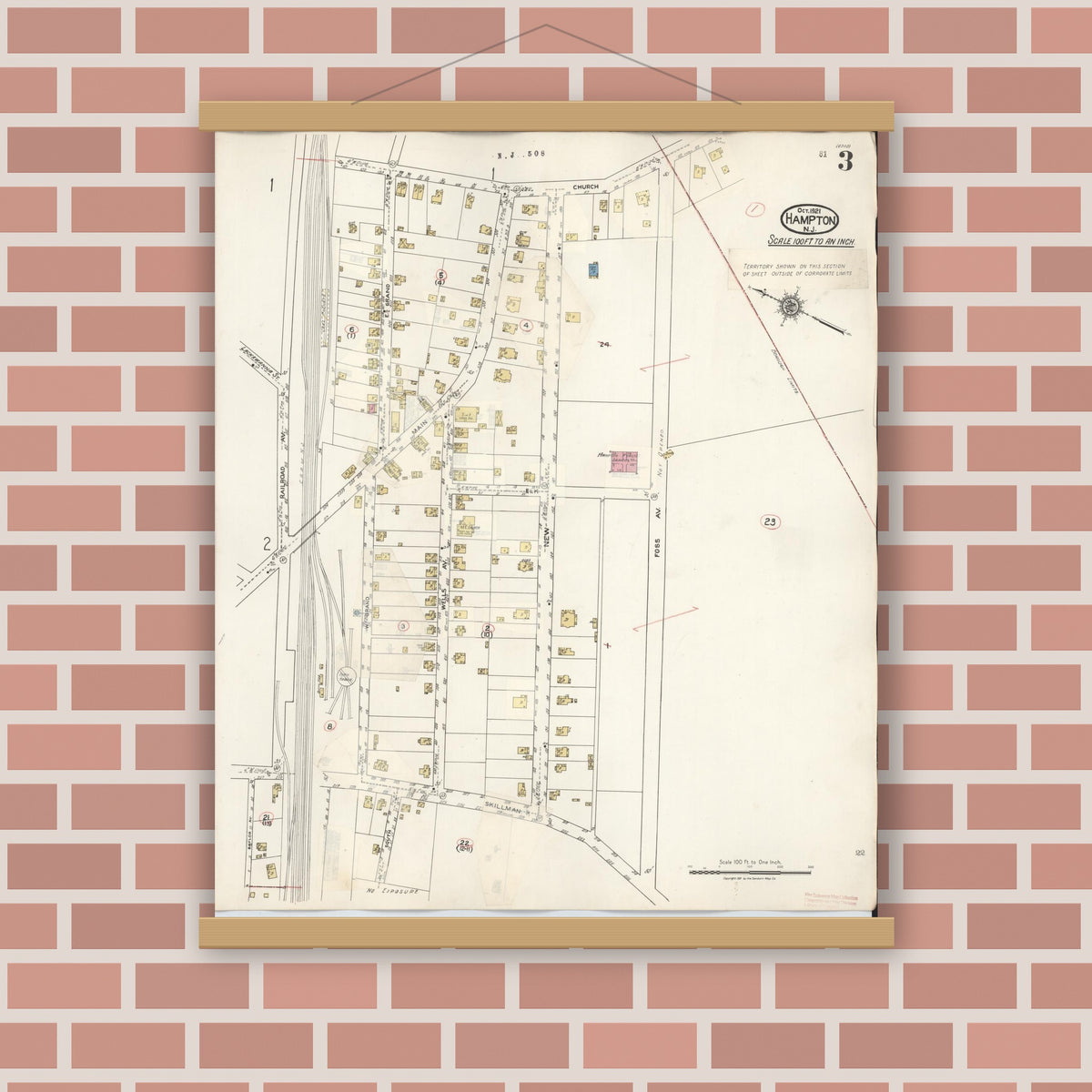 Old map wall art mockup — magnetic wood frame on brick wall — Sanborn Fire Insurance Map from Hampton, Hunterdon County, New Jersey (1936), Sheet #0003