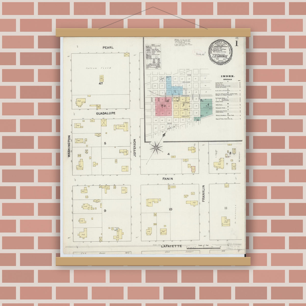 Old map wall art mockup — magnetic wood frame on brick wall — Sanborn Fire Insurance Map from La Grange, Fayette County, Texas (1890) - Complete Map Set