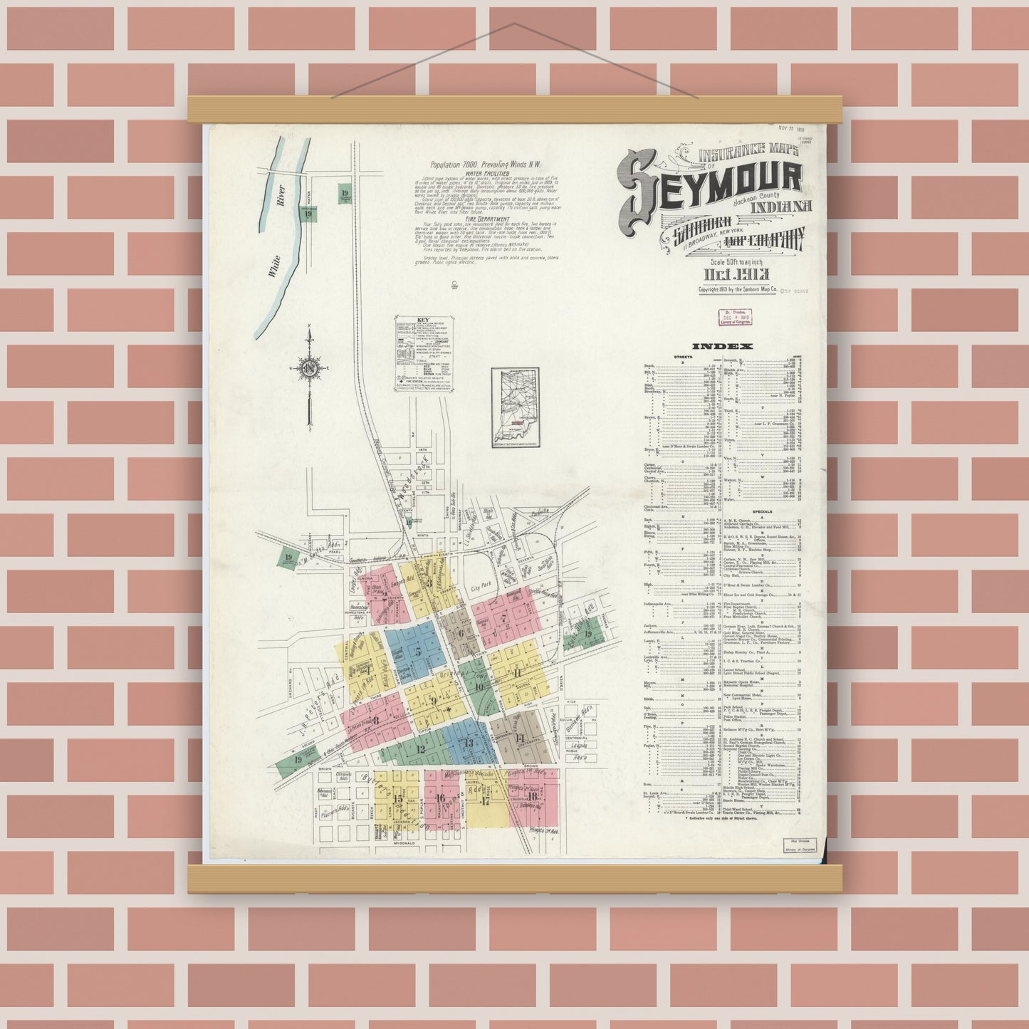 Old map wall art mockup — magnetic wood frame on brick wall — Sanborn Fire Insurance Map from Seymour, Jackson County, Indiana (1913) - Complete Map Set