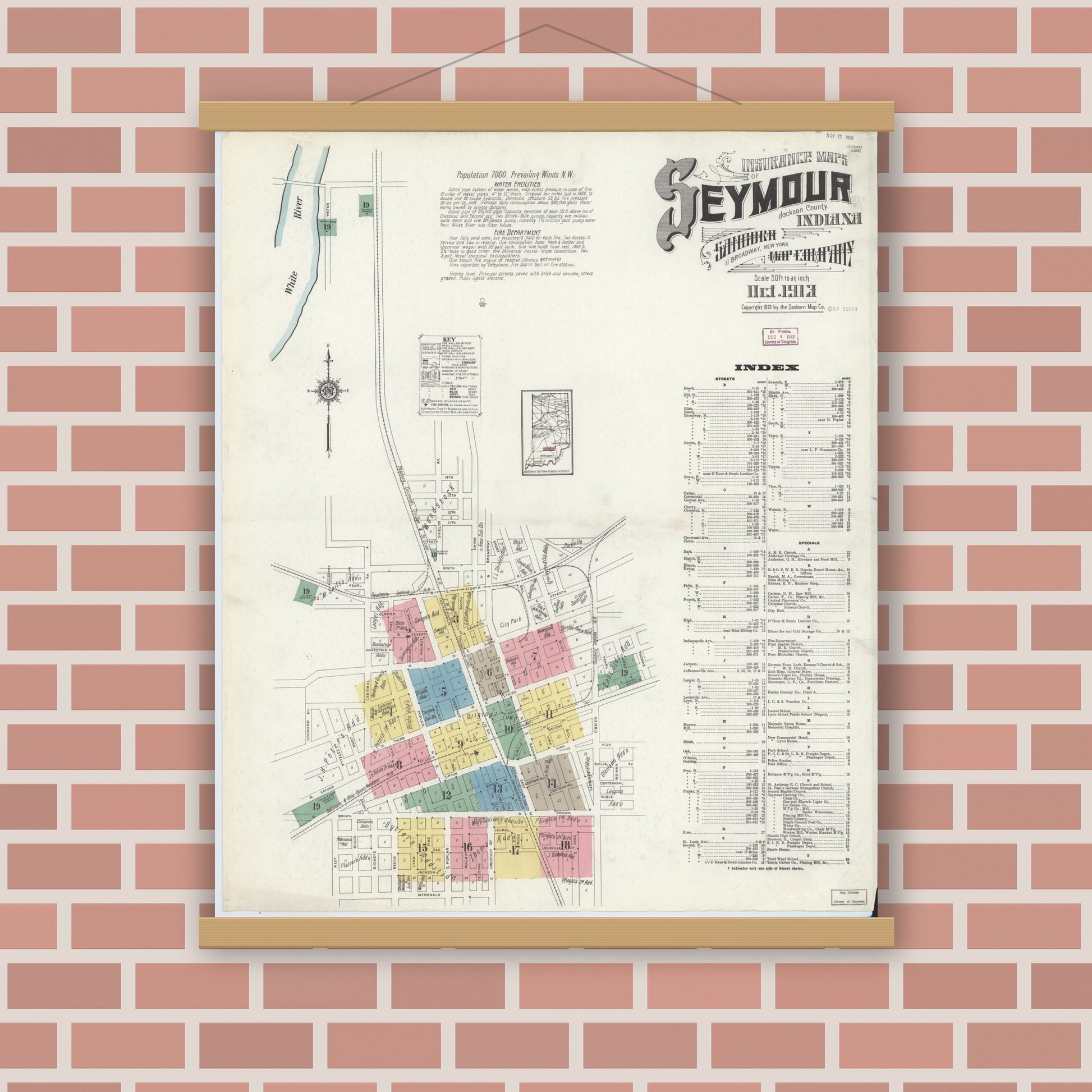 Old map wall art mockup — magnetic wood frame on brick wall — Sanborn Fire Insurance Map from Seymour, Jackson County, Indiana (1913) - Complete Map Set
