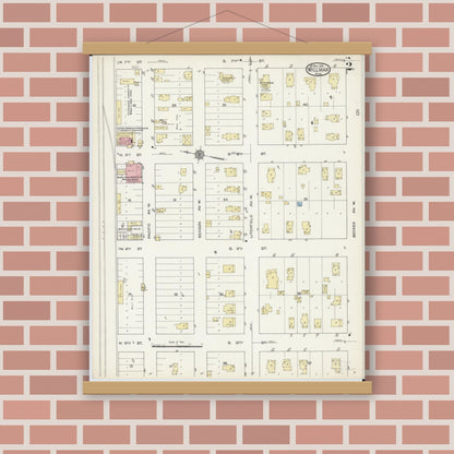 Old map wall art mockup — magnetic wood frame on brick wall — Sanborn Fire Insurance Map from Willmar, Kandiyohi County, Minnesota (1914), Sheet #0002