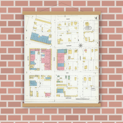Old map wall art mockup — magnetic wood frame on brick wall — Sanborn Fire Insurance Map from Bowie, Montague County, Texas (1902), Sheet #0004