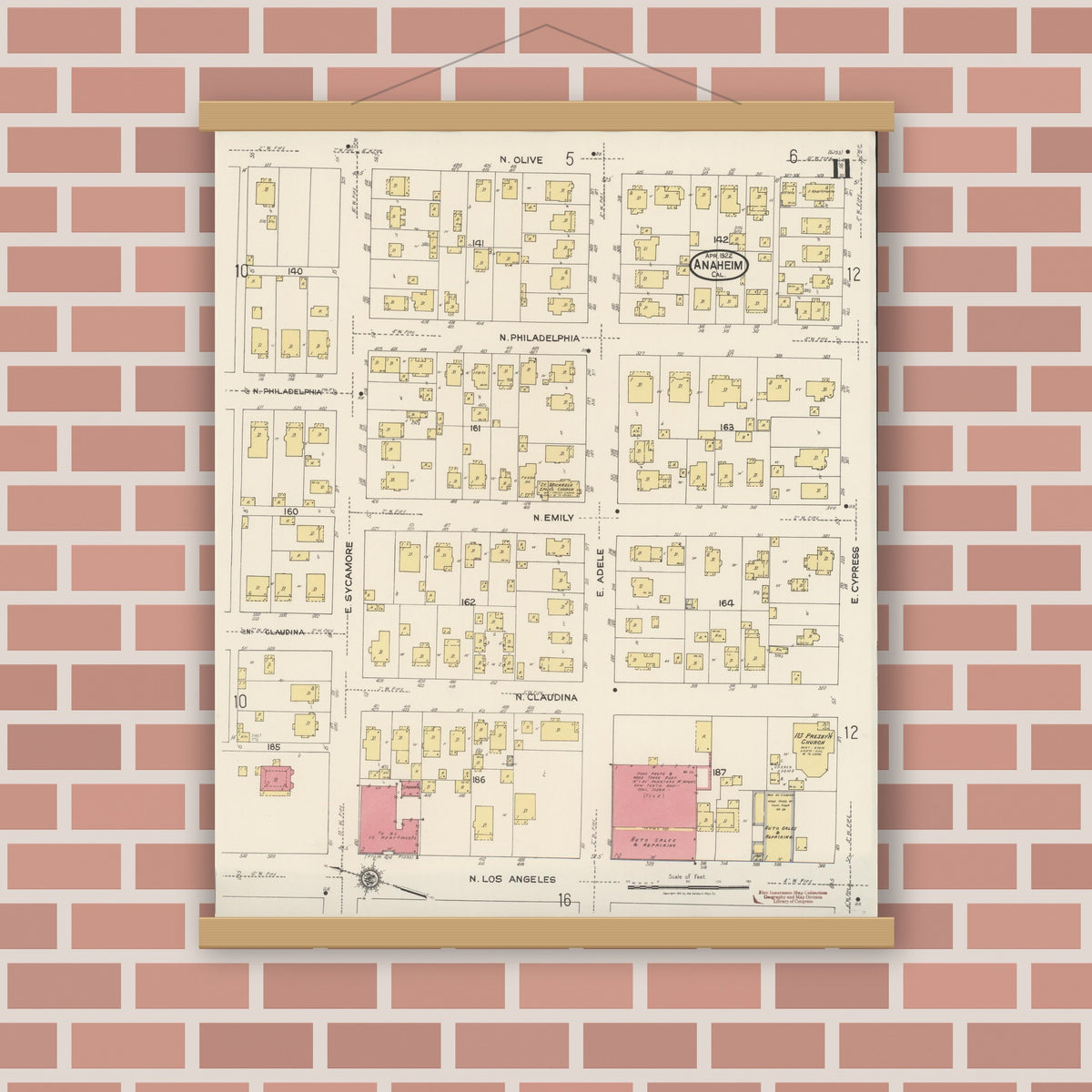 Old map wall art mockup — magnetic wood frame on brick wall — Sanborn Fire Insurance Map from Anaheim, Orange County, California (1922), Sheet #0011