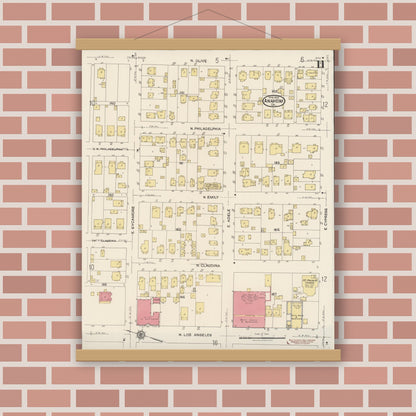 Old map wall art mockup — magnetic wood frame on brick wall — Sanborn Fire Insurance Map from Anaheim, Orange County, California (1922), Sheet #0011