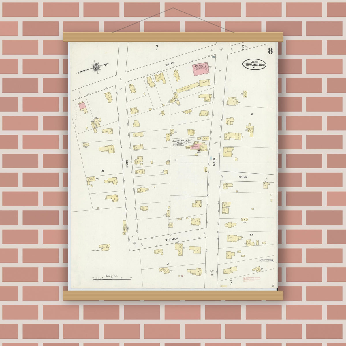 Old map wall art mockup — magnetic wood frame on brick wall — Sanborn Fire Insurance Map from Trumansburg, Tompkins County, New York (1910), Sheet #0008