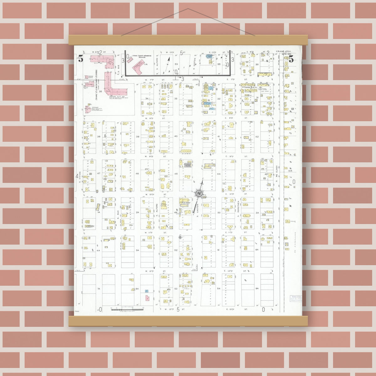 Old map wall art mockup — magnetic wood frame on brick wall — Sanborn Fire Insurance Map from Crane, Crane County, Texas (1951), Sheet #0005
