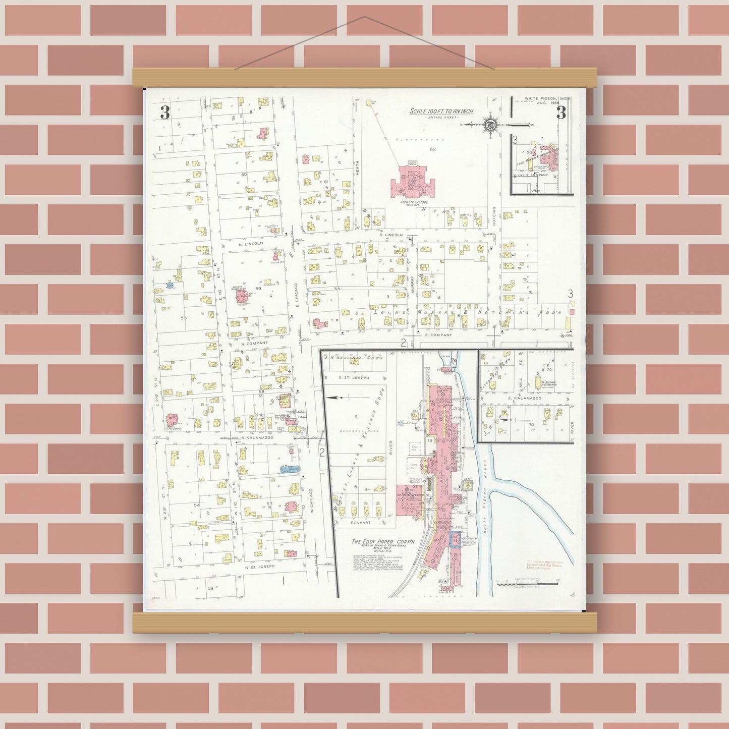 Old map wall art mockup — magnetic wood frame on brick wall — Sanborn Fire Insurance Map from White Pigeon, Saint Joseph County, Michigan (1936), Sheet #0003