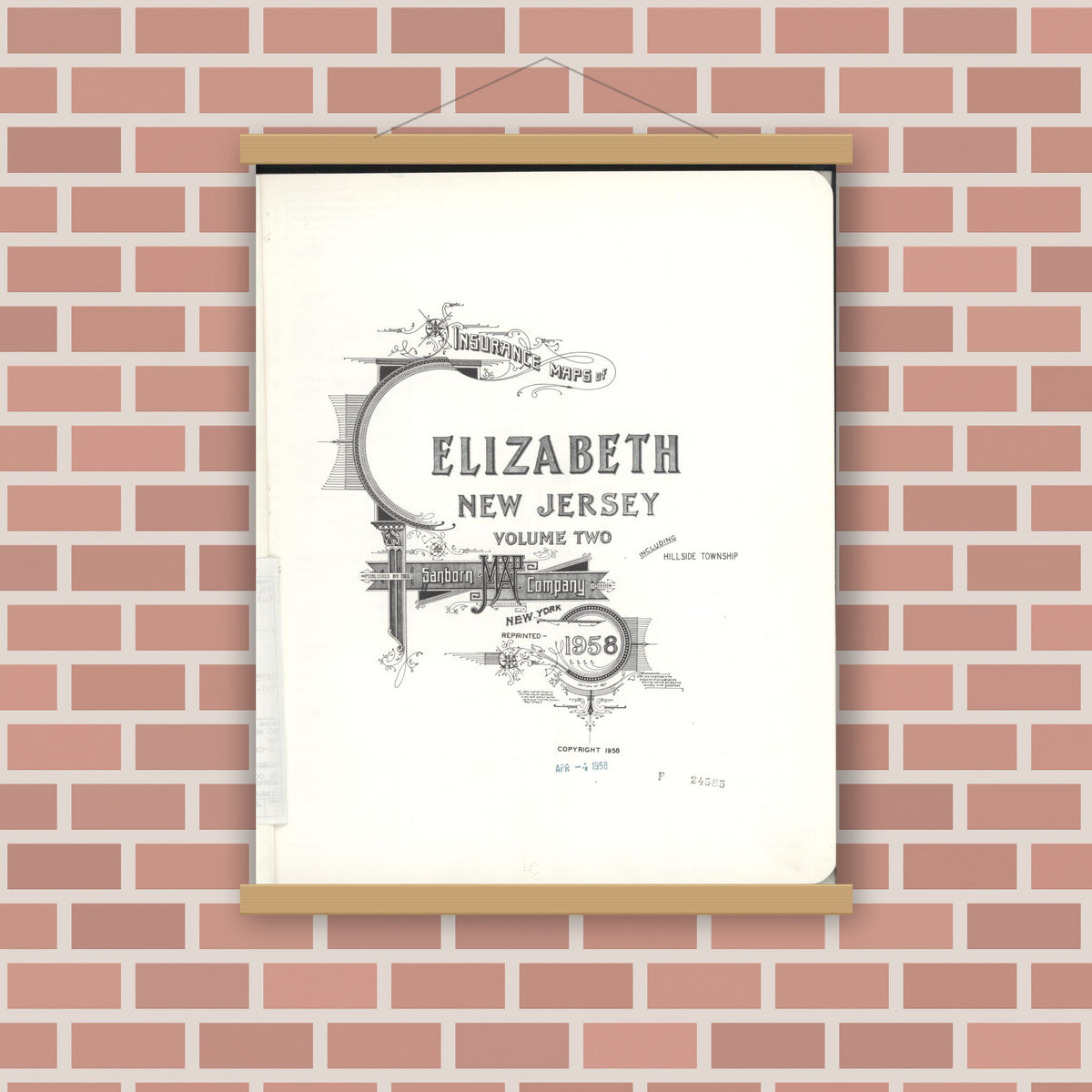 Old map wall art mockup — magnetic wood frame on brick wall — Sanborn Fire Insurance Map from Elizabeth, Union County, New Jersey (1958), Sheet #0001