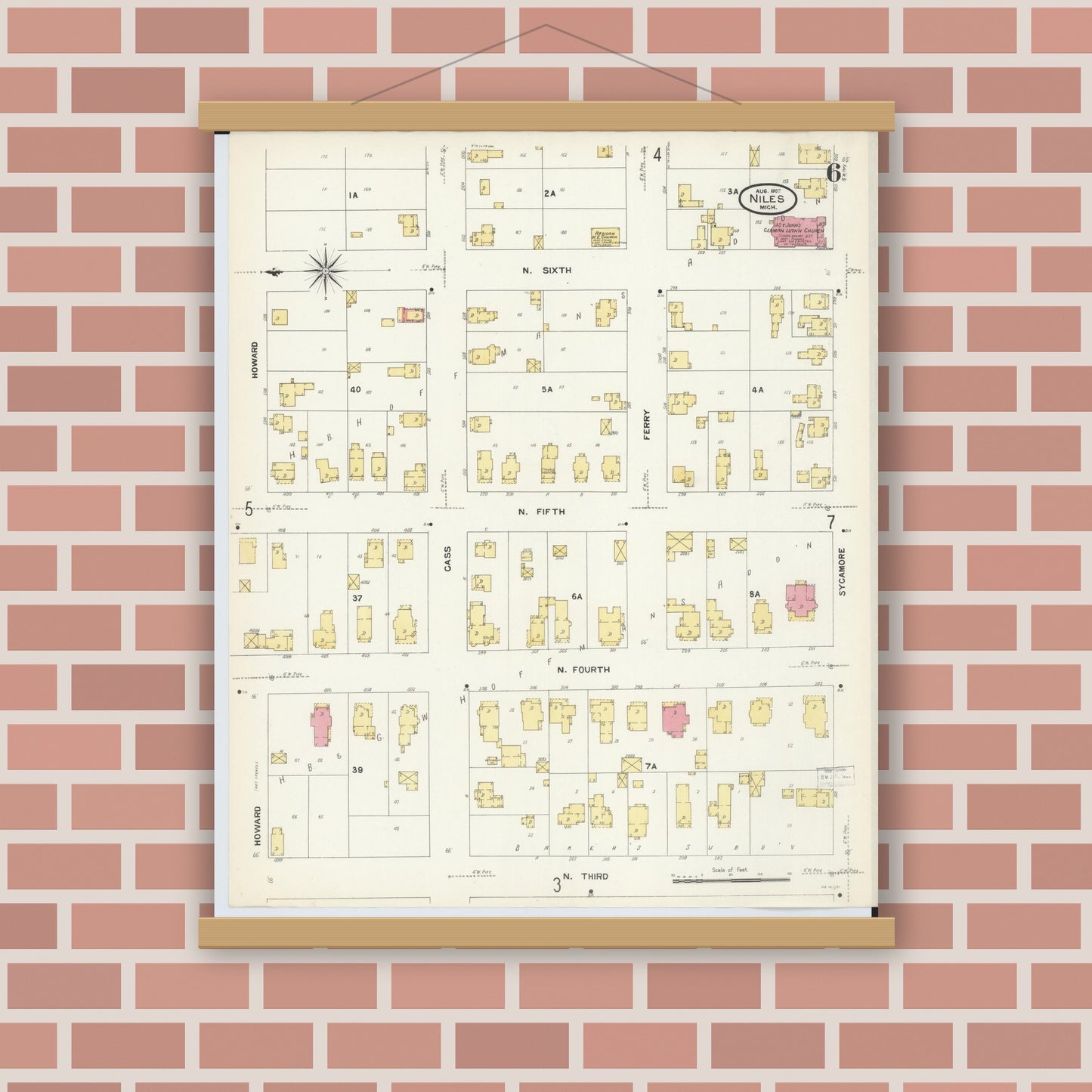 Old map wall art mockup — magnetic wood frame on brick wall — Sanborn Fire Insurance Map from Niles, Berrien County, Michigan (1907), Sheet #0006