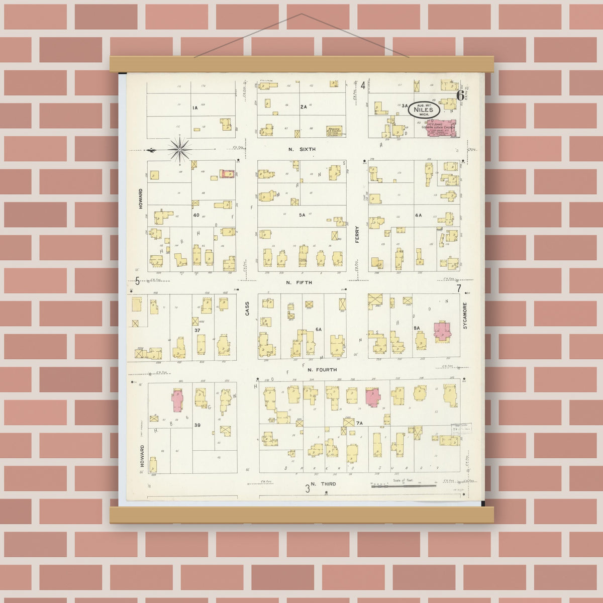 Old map wall art mockup — magnetic wood frame on brick wall — Sanborn Fire Insurance Map from Niles, Berrien County, Michigan (1907), Sheet #0006