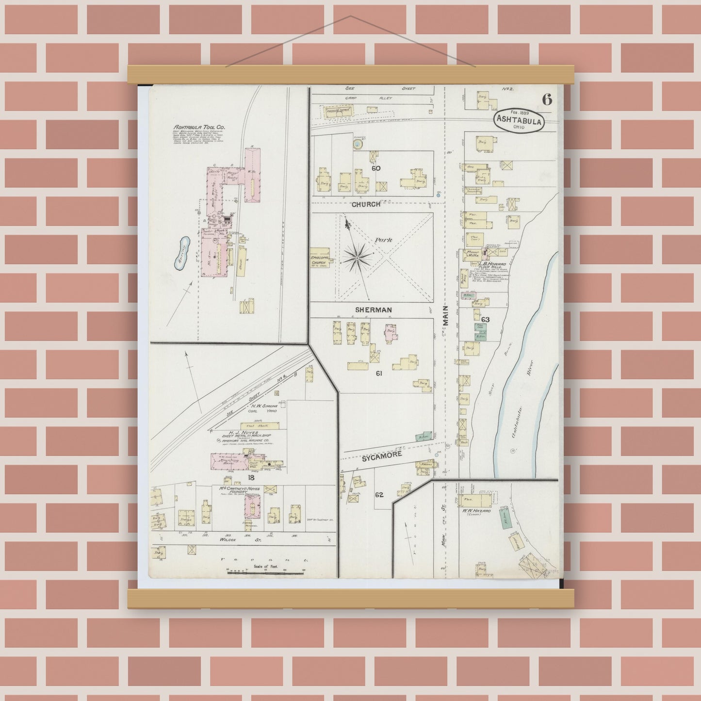Old map wall art mockup — magnetic wood frame on brick wall — Sanborn Fire Insurance Map from Ashtabula, Ashtabula County, Ohio (1889), Sheet #0006