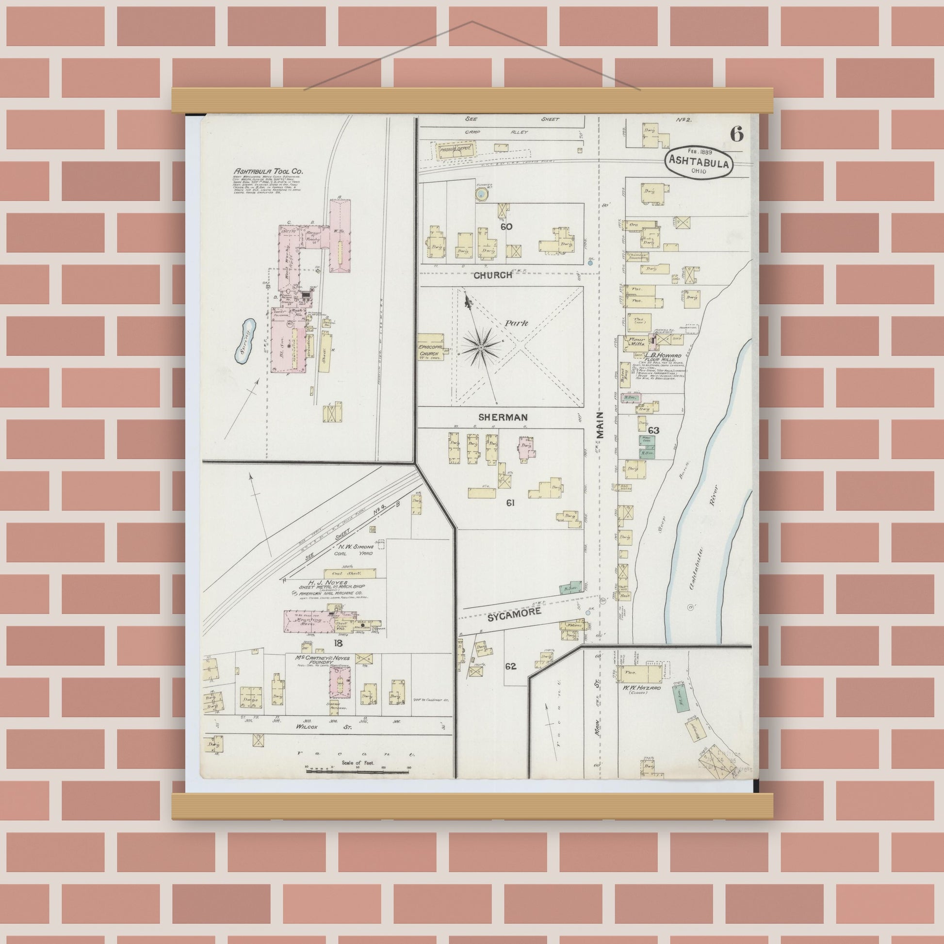 Old map wall art mockup — magnetic wood frame on brick wall — Sanborn Fire Insurance Map from Ashtabula, Ashtabula County, Ohio (1889), Sheet #0006