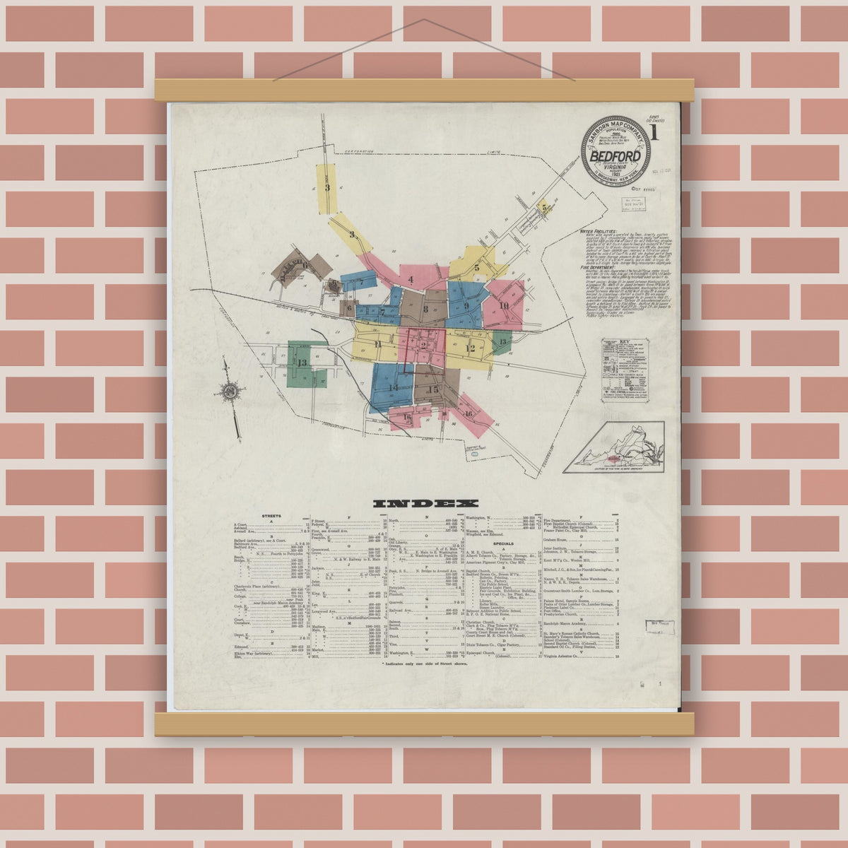 Old map wall art mockup — magnetic wood frame on brick wall — Sanborn Fire Insurance Map from Bedford, Independent Cities, Virginia (1921) - Complete Map Set