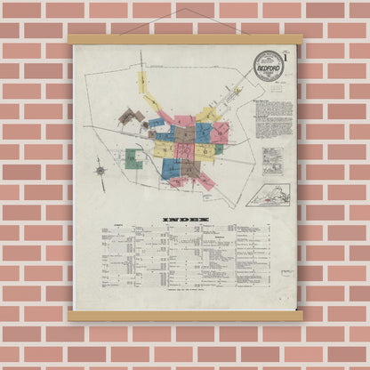 Old map wall art mockup — magnetic wood frame on brick wall — Sanborn Fire Insurance Map from Bedford, Independent Cities, Virginia (1921) - Complete Map Set