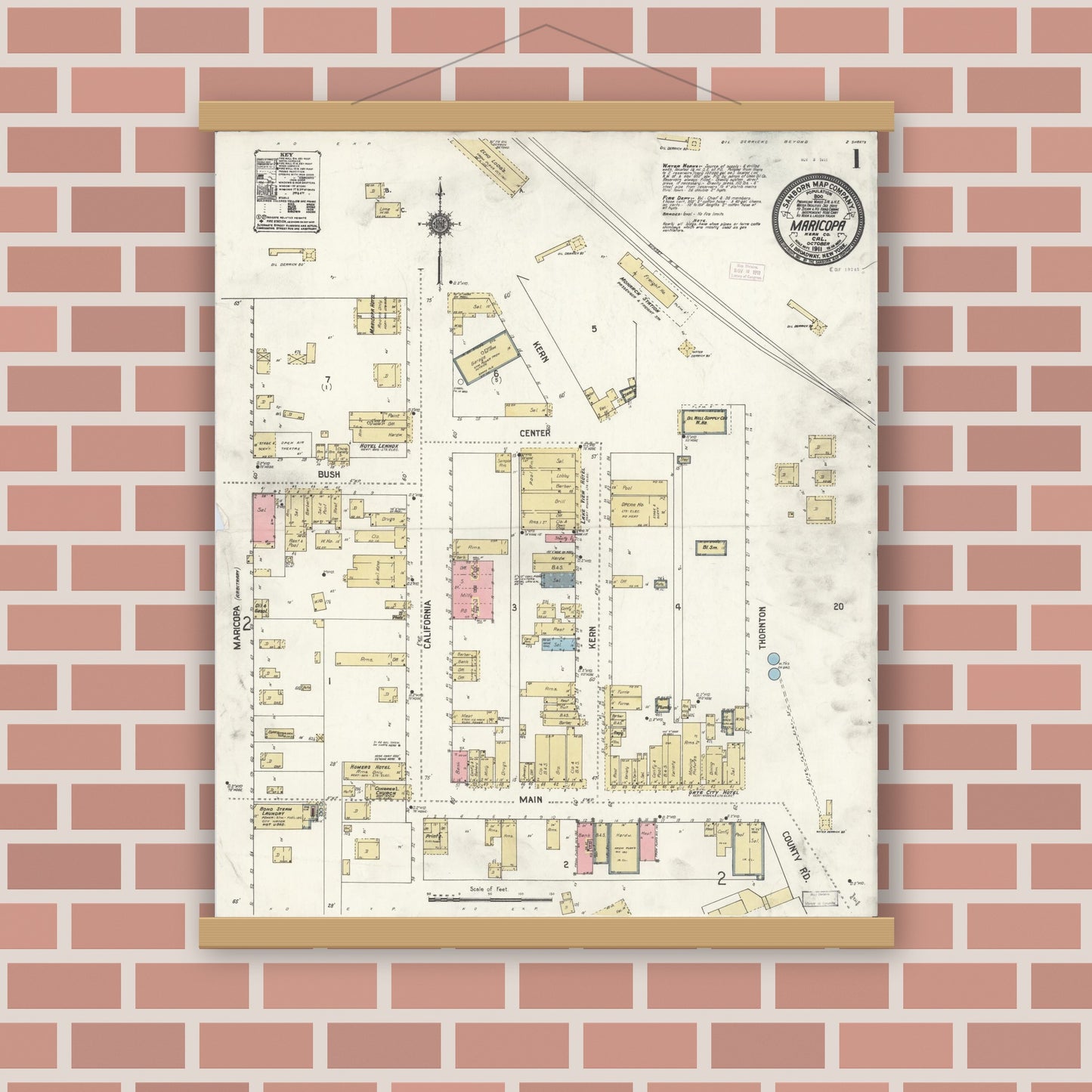 Old map wall art mockup — magnetic wood frame on brick wall — Sanborn Fire Insurance Map from Maricopa, Kern County, California (1911) - Complete Map Set