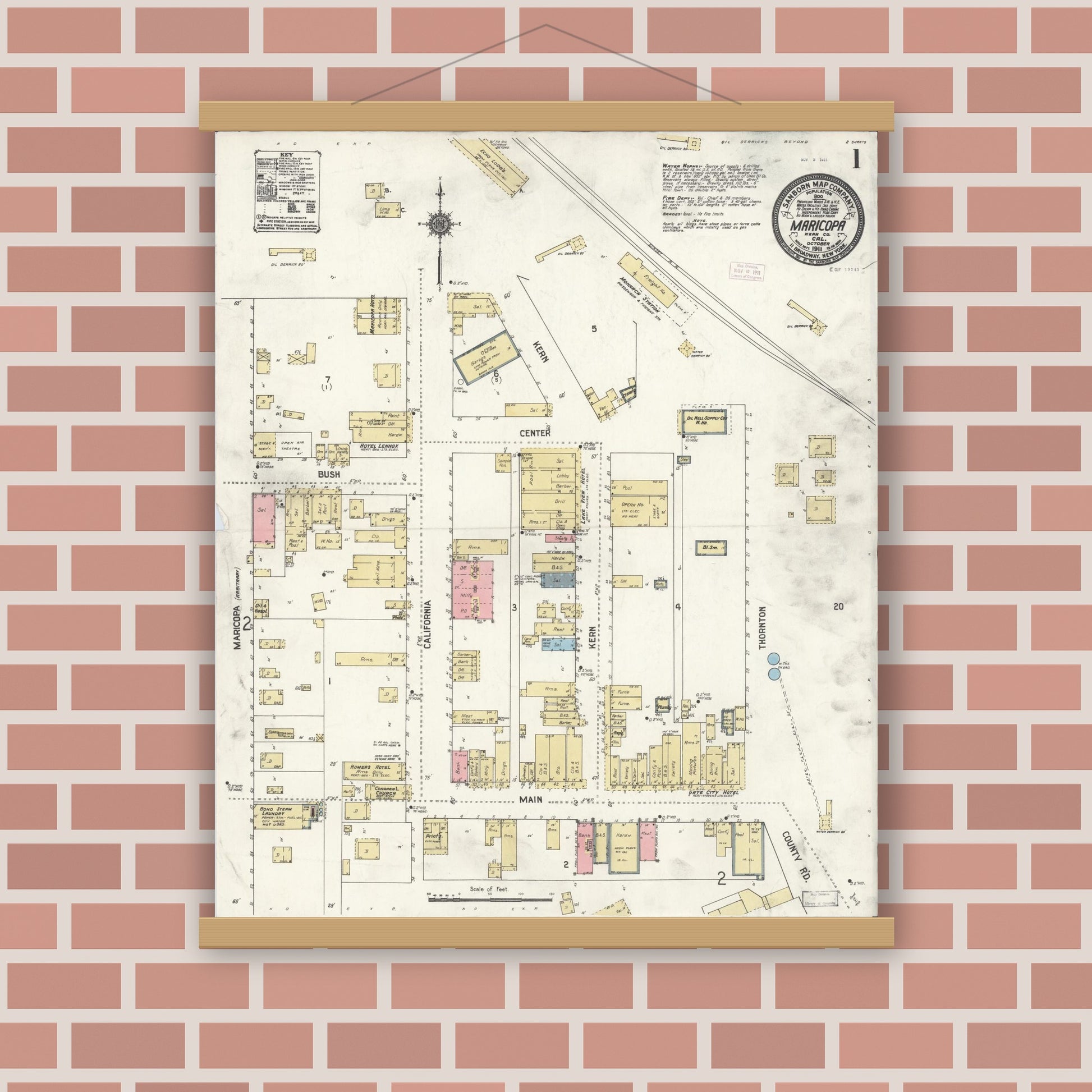 Old map wall art mockup — magnetic wood frame on brick wall — Sanborn Fire Insurance Map from Maricopa, Kern County, California (1911) - Complete Map Set