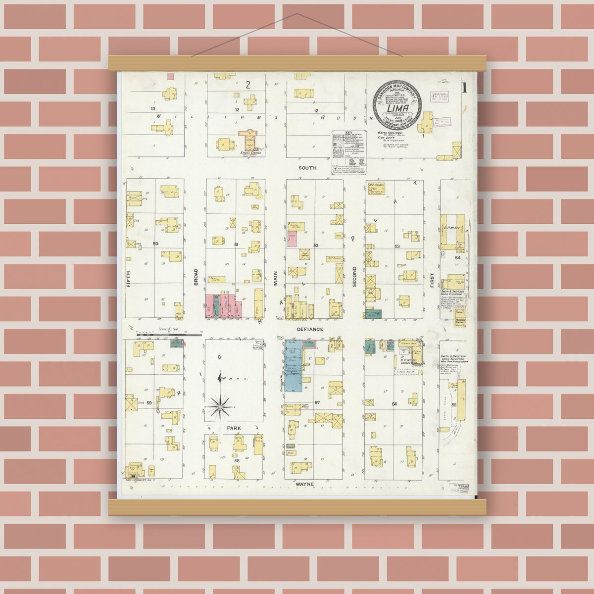 Old map wall art mockup — magnetic wood frame on brick wall — Sanborn Fire Insurance Map from Lima, LaGrange County, Indiana (1909), Sheet #0001