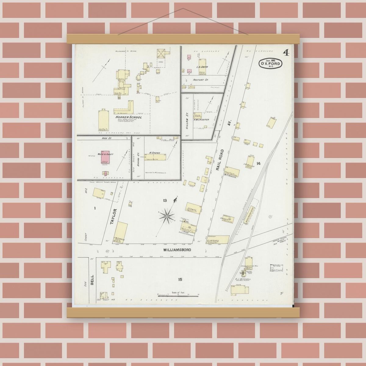 Old map wall art mockup — magnetic wood frame on brick wall — Sanborn Fire Insurance Map from Oxford, Granville County, North Carolina (1892), Sheet #0004