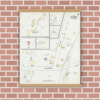 Old map wall art mockup — magnetic wood frame on brick wall — Sanborn Fire Insurance Map from Oxford, Granville County, North Carolina (1892), Sheet #0004