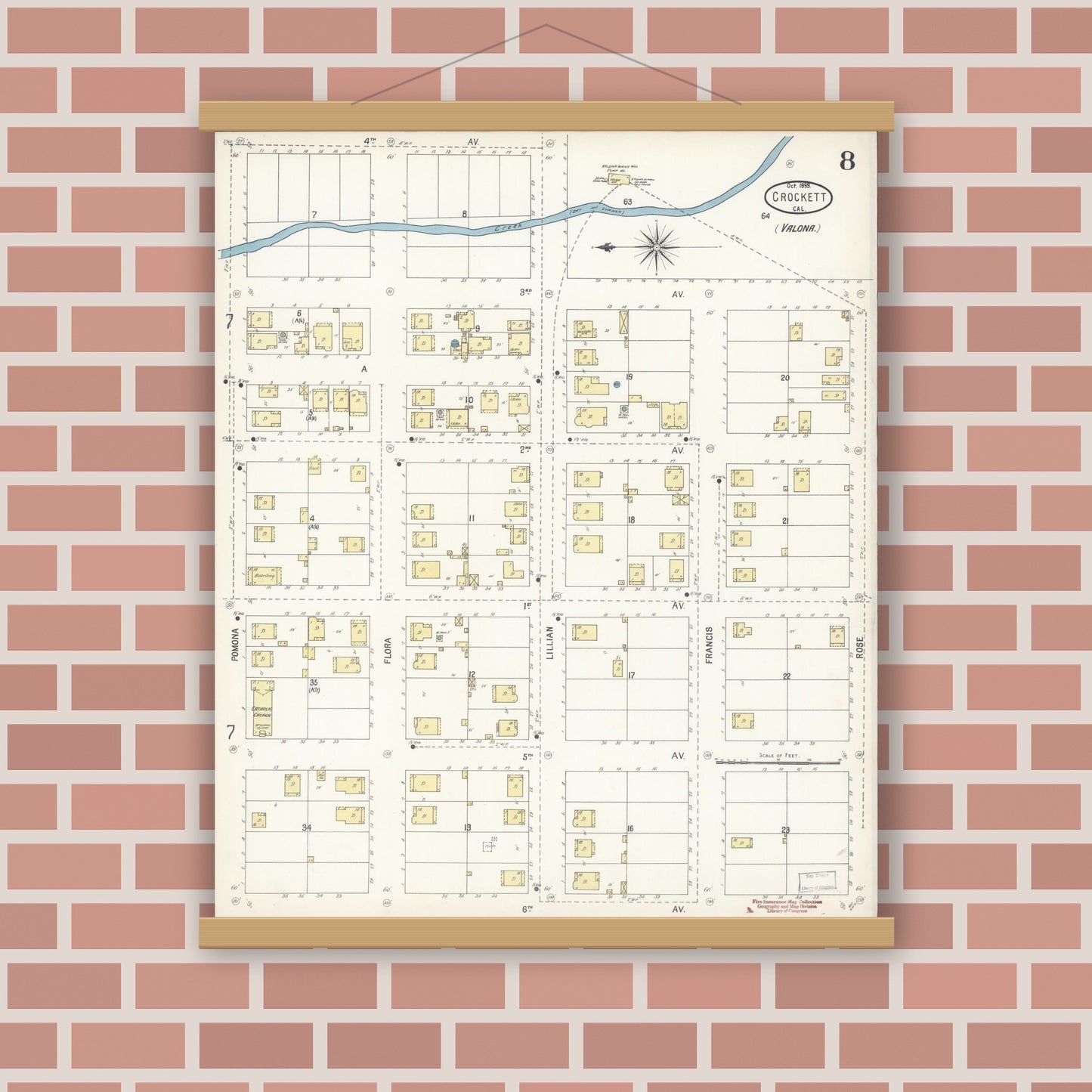 Old map wall art mockup — magnetic wood frame on brick wall — Sanborn Fire Insurance Map from Crockett, Contra Costa County, California (1899), Sheet #0008