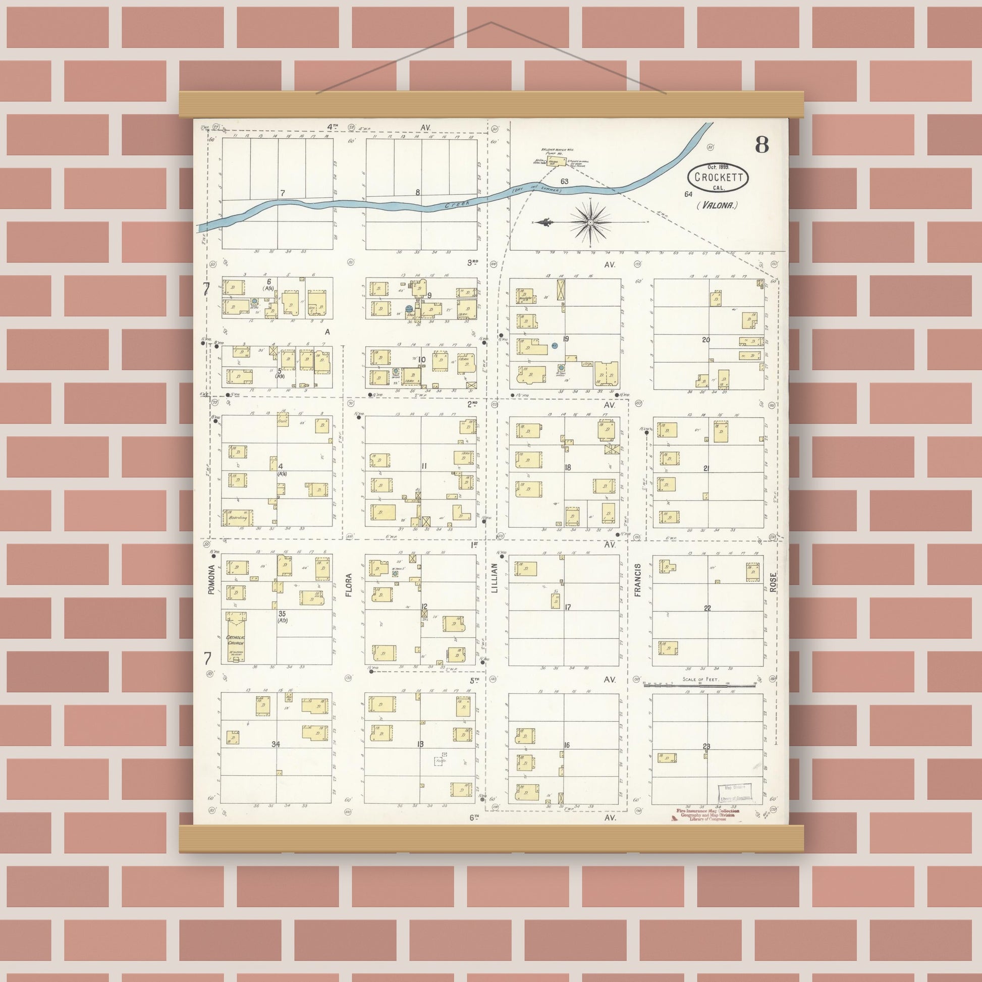 Old map wall art mockup — magnetic wood frame on brick wall — Sanborn Fire Insurance Map from Crockett, Contra Costa County, California (1899), Sheet #0008