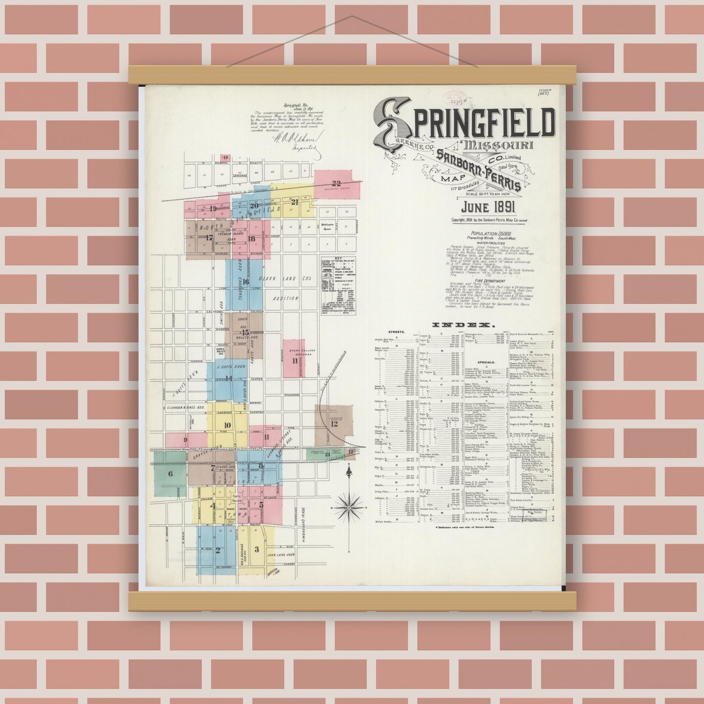 Old map wall art mockup — magnetic wood frame on brick wall — Sanborn Fire Insurance Map from Springfield, Greene County, Missouri (1891), Sheet #0001