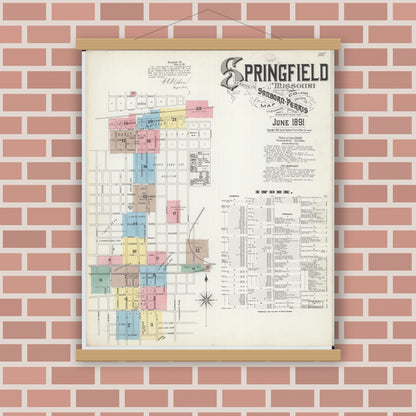 Old map wall art mockup — magnetic wood frame on brick wall — Sanborn Fire Insurance Map from Springfield, Greene County, Missouri (1891), Sheet #0001