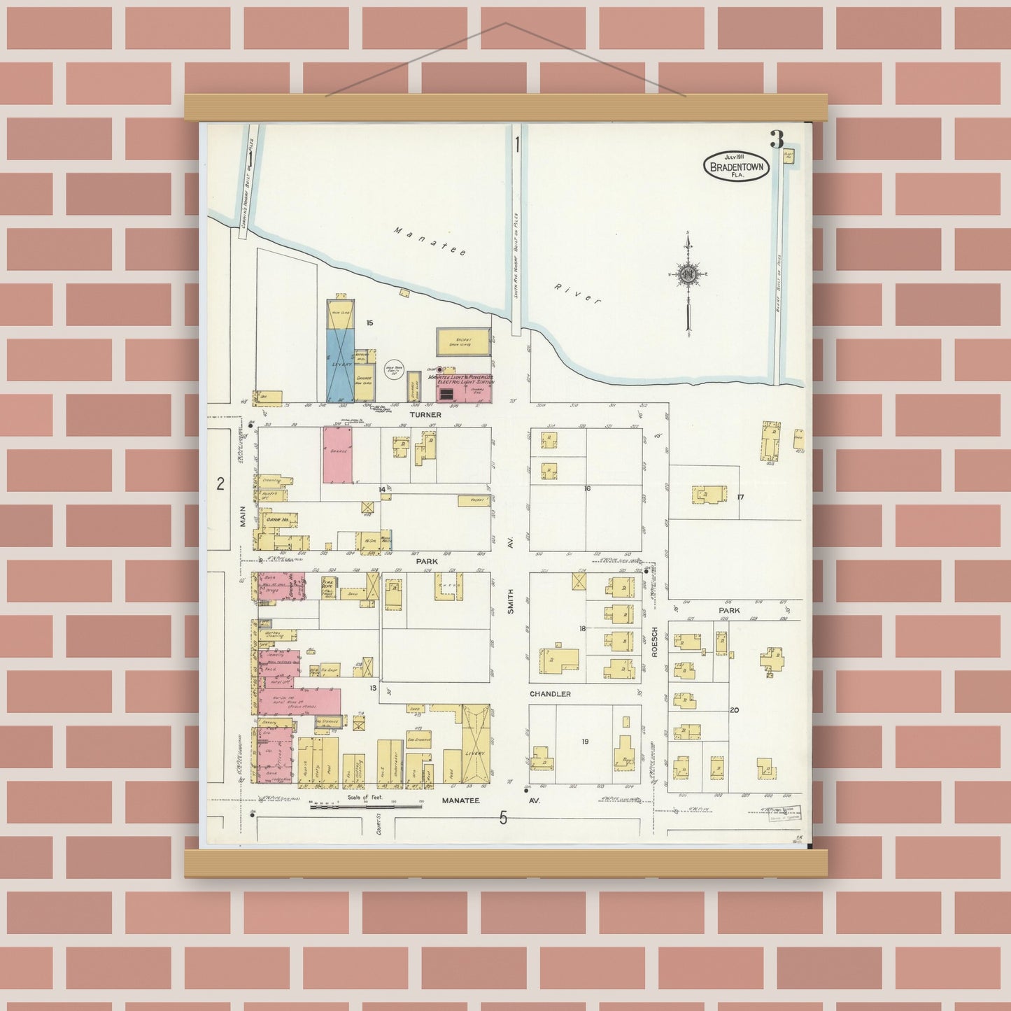 Old map wall art mockup — magnetic wood frame on brick wall — Sanborn Fire Insurance Map from Bradentown, Manatee County, Florida (1911), Sheet #0003