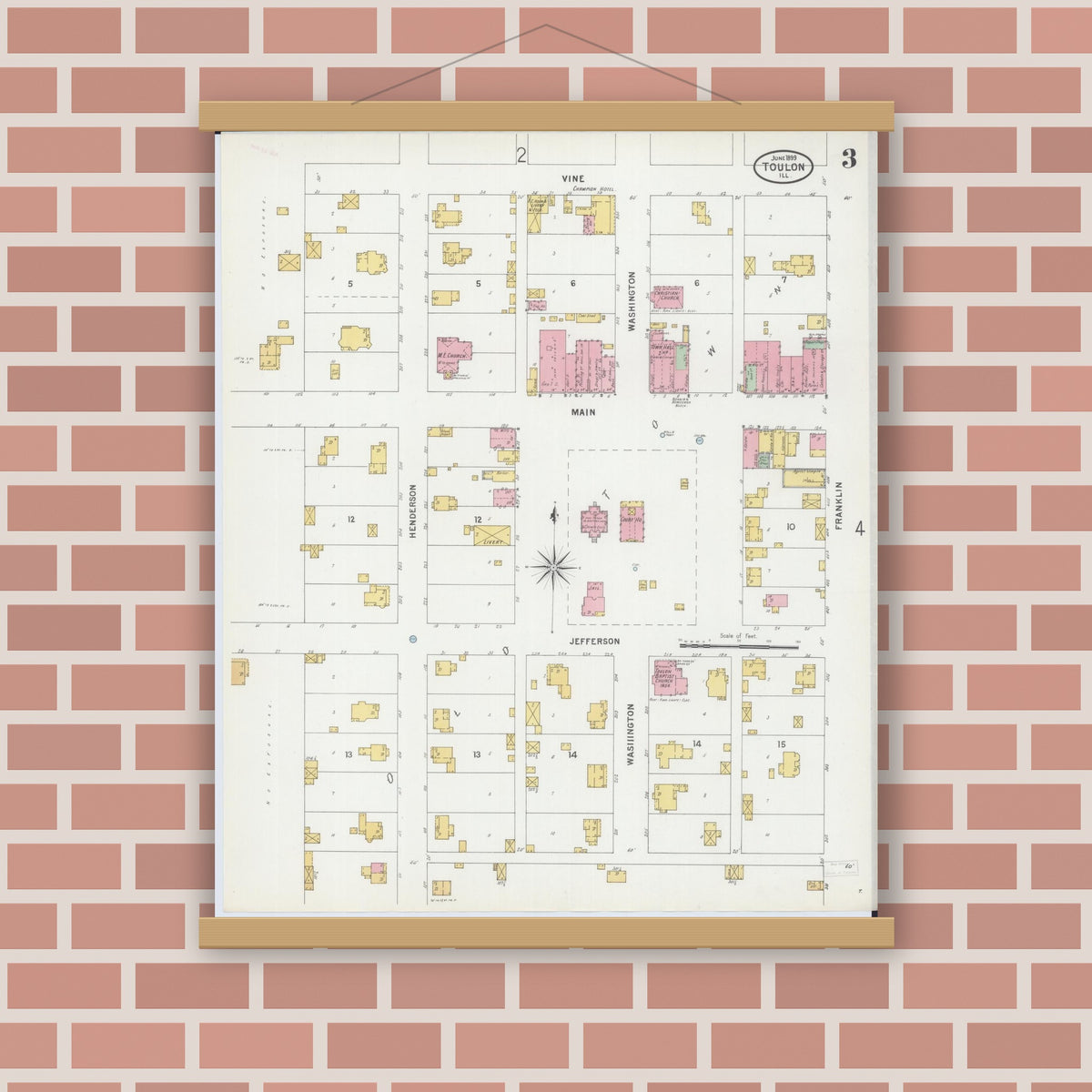 Old map wall art mockup — magnetic wood frame on brick wall — Sanborn Fire Insurance Map from Toulon, Stark County, Illinois (1899), Sheet #0003