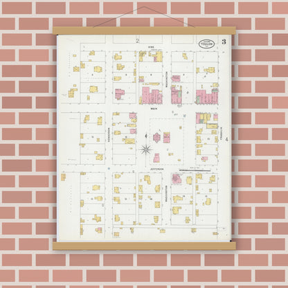Old map wall art mockup — magnetic wood frame on brick wall — Sanborn Fire Insurance Map from Toulon, Stark County, Illinois (1899), Sheet #0003