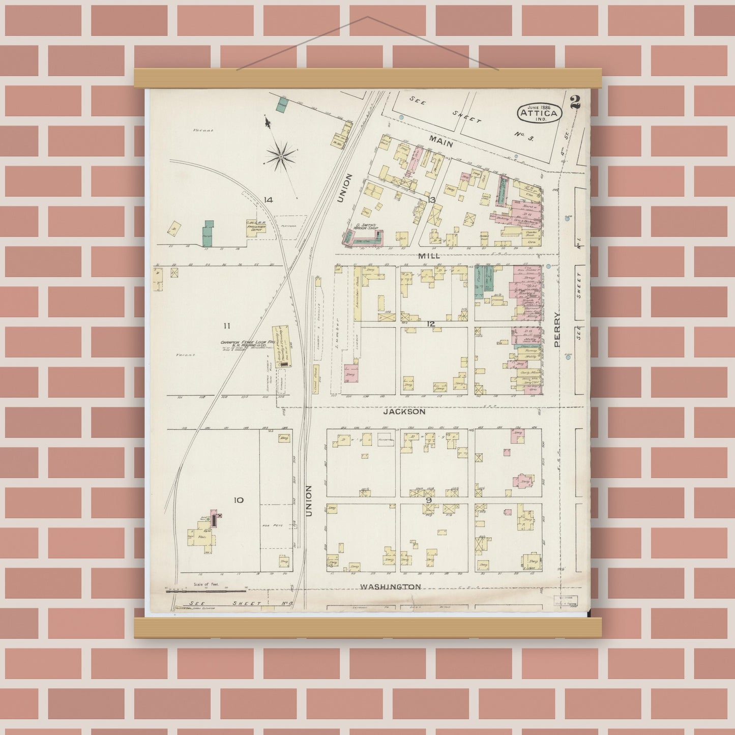Old map wall art mockup — magnetic wood frame on brick wall — Sanborn Fire Insurance Map from Attica, Fountain County, Indiana (1886), Sheet #0002