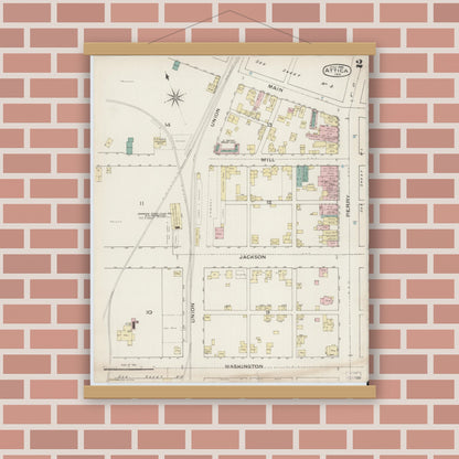 Old map wall art mockup — magnetic wood frame on brick wall — Sanborn Fire Insurance Map from Attica, Fountain County, Indiana (1886), Sheet #0002