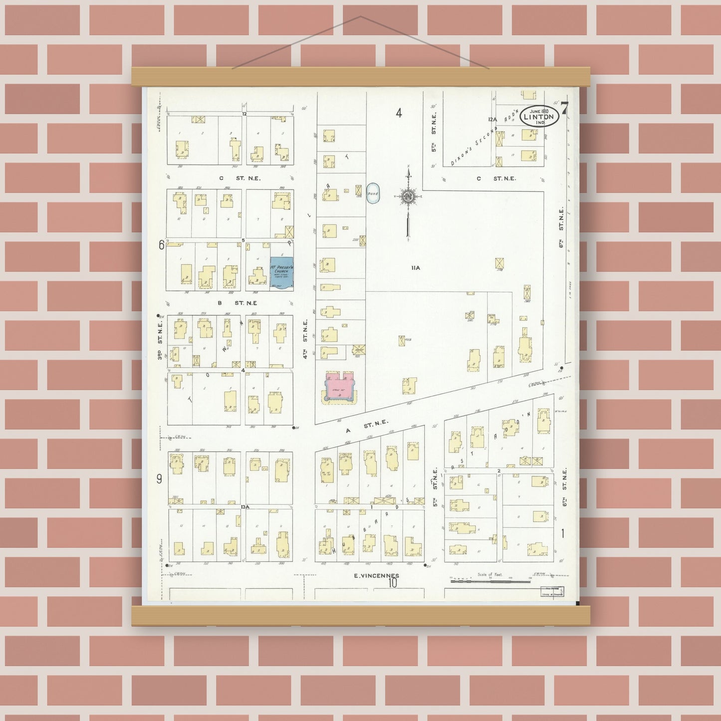 Old map wall art mockup — magnetic wood frame on brick wall — Sanborn Fire Insurance Map from Linton, Greene County, Indiana (1910), Sheet #0007
