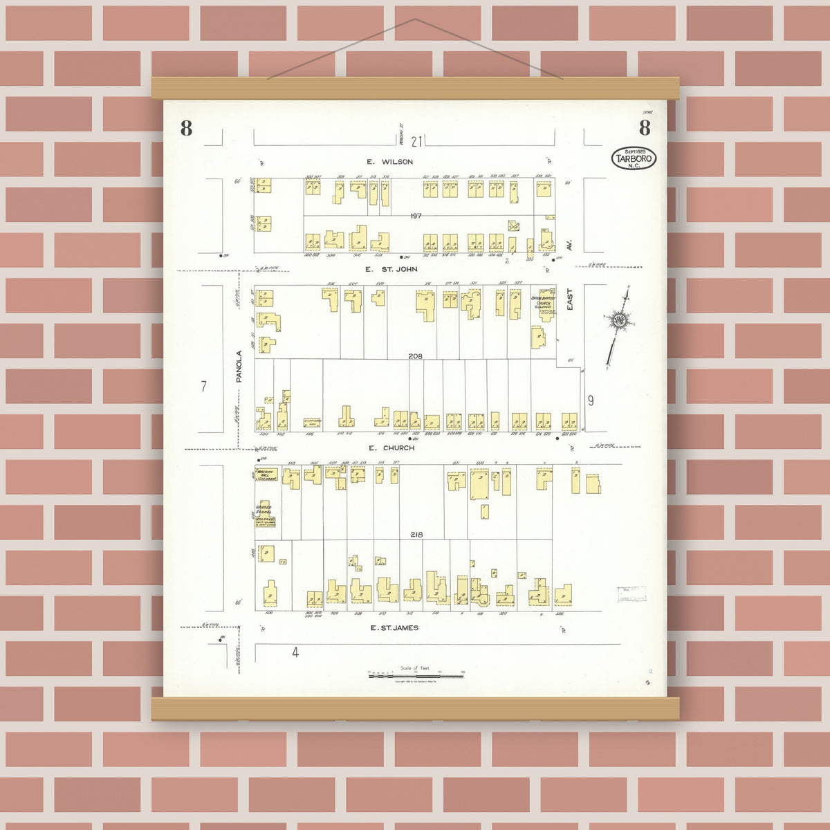 Old map wall art mockup — magnetic wood frame on brick wall — Sanborn Fire Insurance Map from Tarboro, Edgecombe County, North Carolina (1923), Sheet #0008