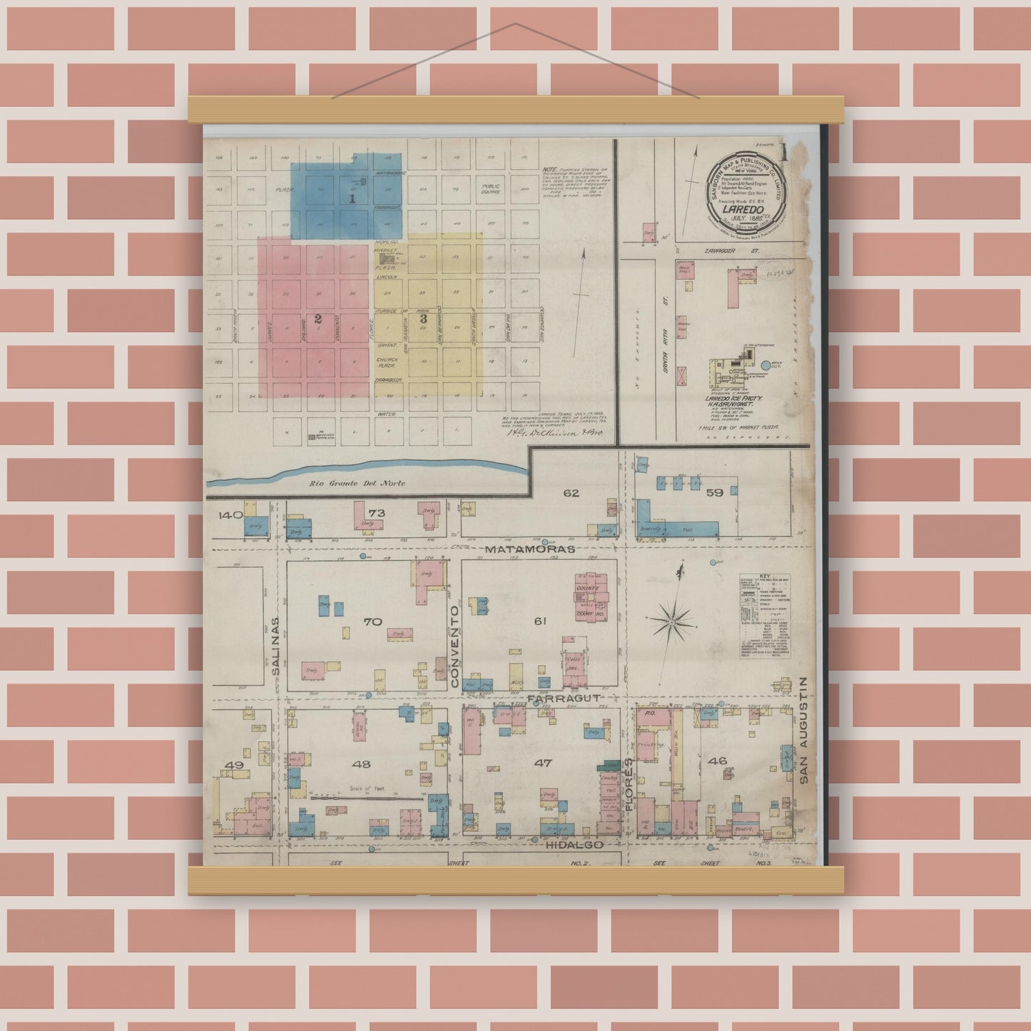 Old map wall art mockup — magnetic wood frame on brick wall — Sanborn Fire Insurance Map from Laredo, Webb County, Texas (1885), Sheet #0001