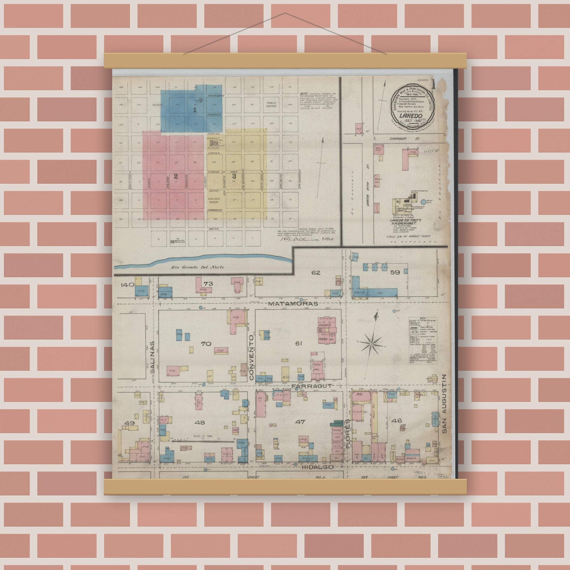 Old map wall art mockup — magnetic wood frame on brick wall — Sanborn Fire Insurance Map from Laredo, Webb County, Texas (1885), Sheet #0001