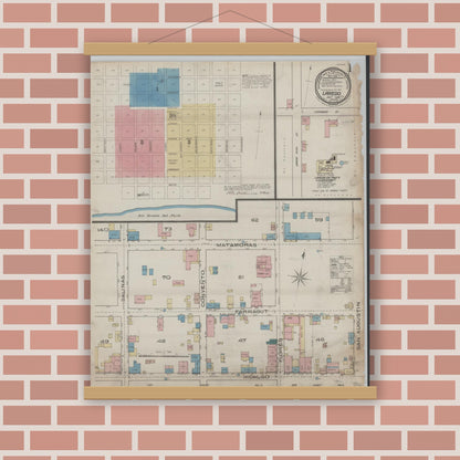 Old map wall art mockup — magnetic wood frame on brick wall — Sanborn Fire Insurance Map from Laredo, Webb County, Texas (1885), Sheet #0001