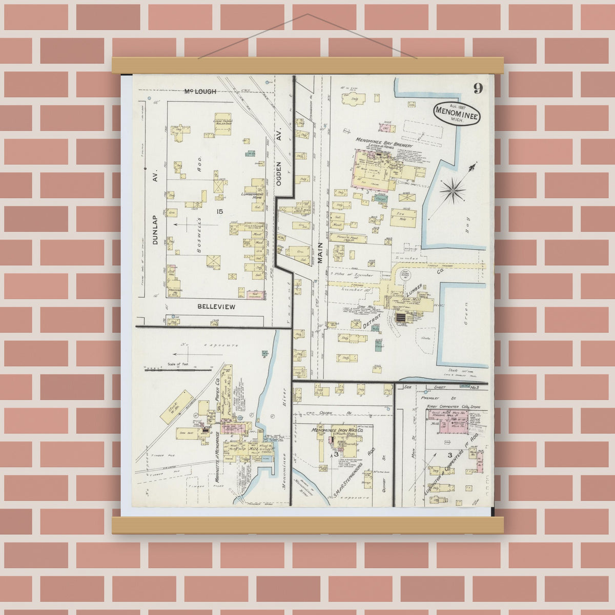 Old map wall art mockup — magnetic wood frame on brick wall — Sanborn Fire Insurance Map from Menominee, Menominee County, Michigan (1887), Sheet #0009