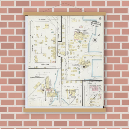 Old map wall art mockup — magnetic wood frame on brick wall — Sanborn Fire Insurance Map from Menominee, Menominee County, Michigan (1887), Sheet #0009