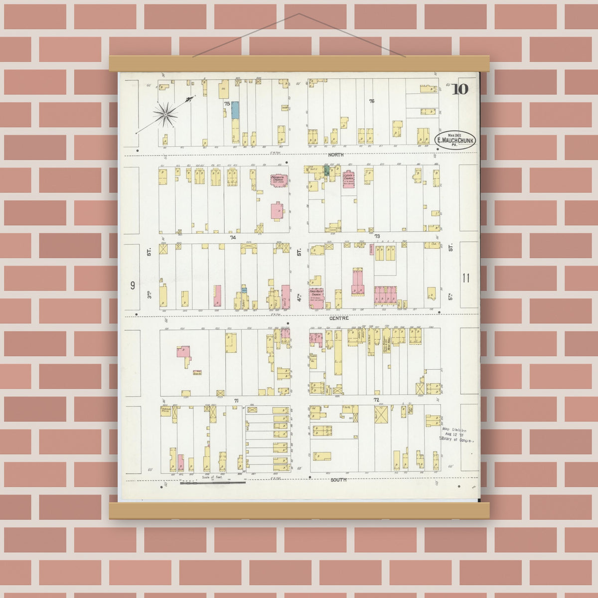Old map wall art mockup — magnetic wood frame on brick wall — Sanborn Fire Insurance Map from Mauch Chunk, Carbon County, Pennsylvania (1902), Sheet #0010