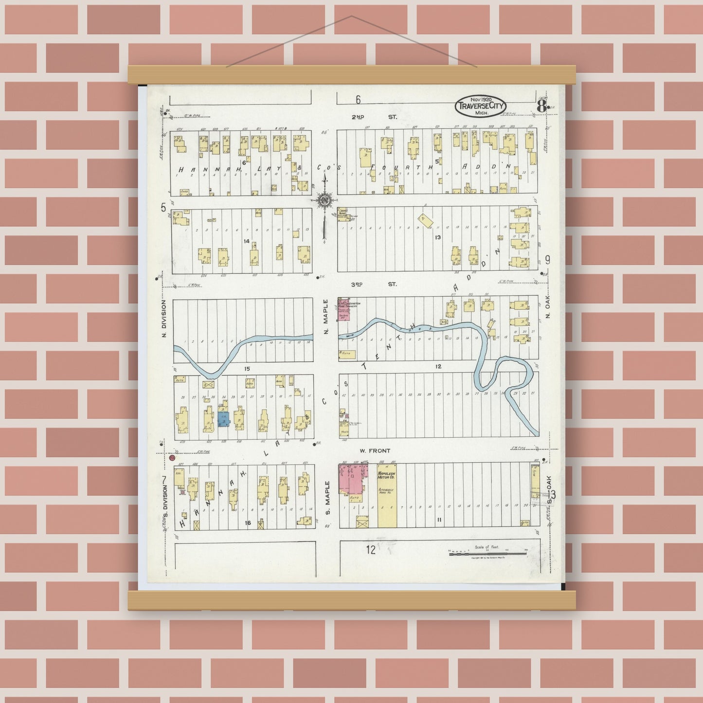 Old map wall art mockup — magnetic wood frame on brick wall — Sanborn Fire Insurance Map from Traverse City, Grand Traverse County, Michigan (1920), Sheet #0008