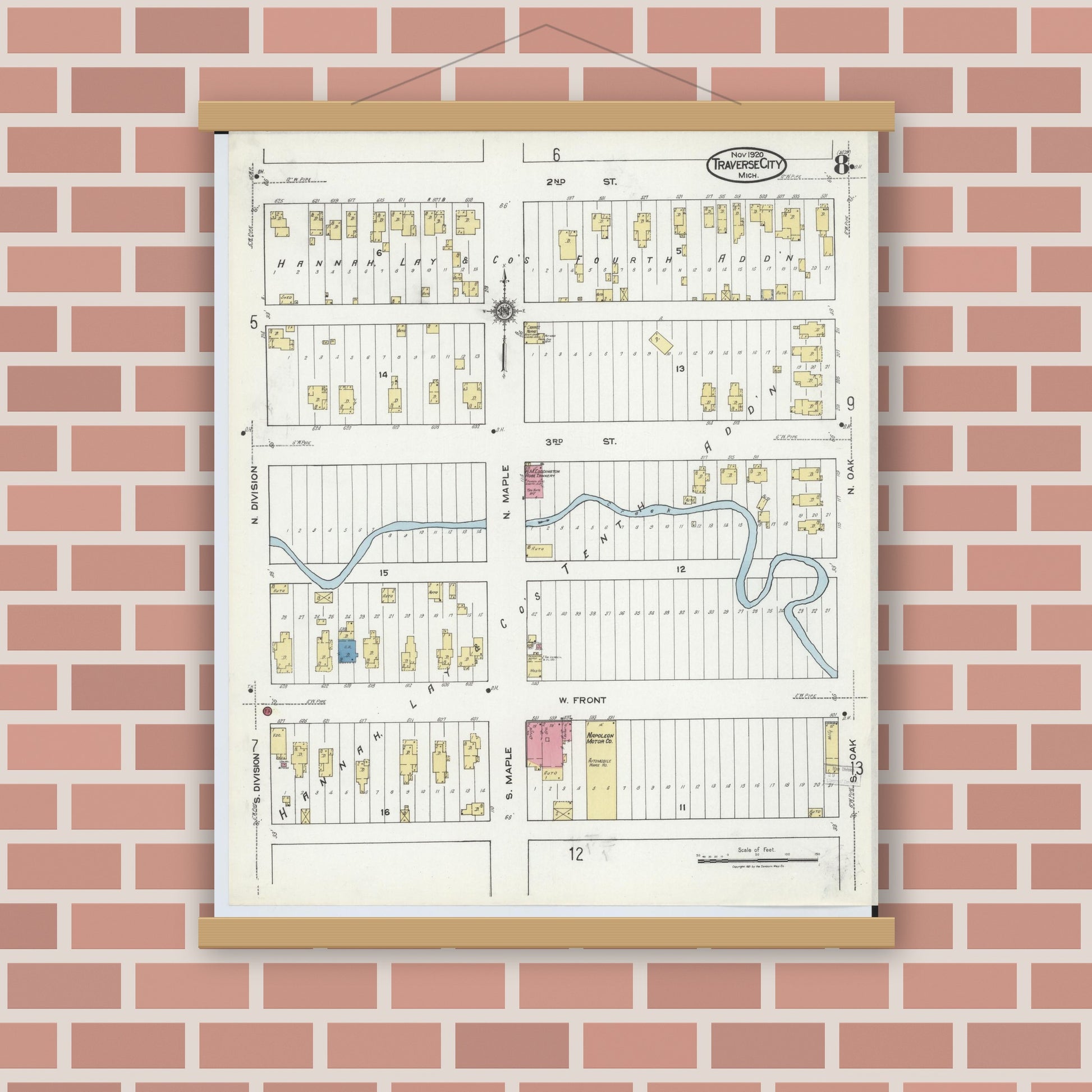 Old map wall art mockup — magnetic wood frame on brick wall — Sanborn Fire Insurance Map from Traverse City, Grand Traverse County, Michigan (1920), Sheet #0008