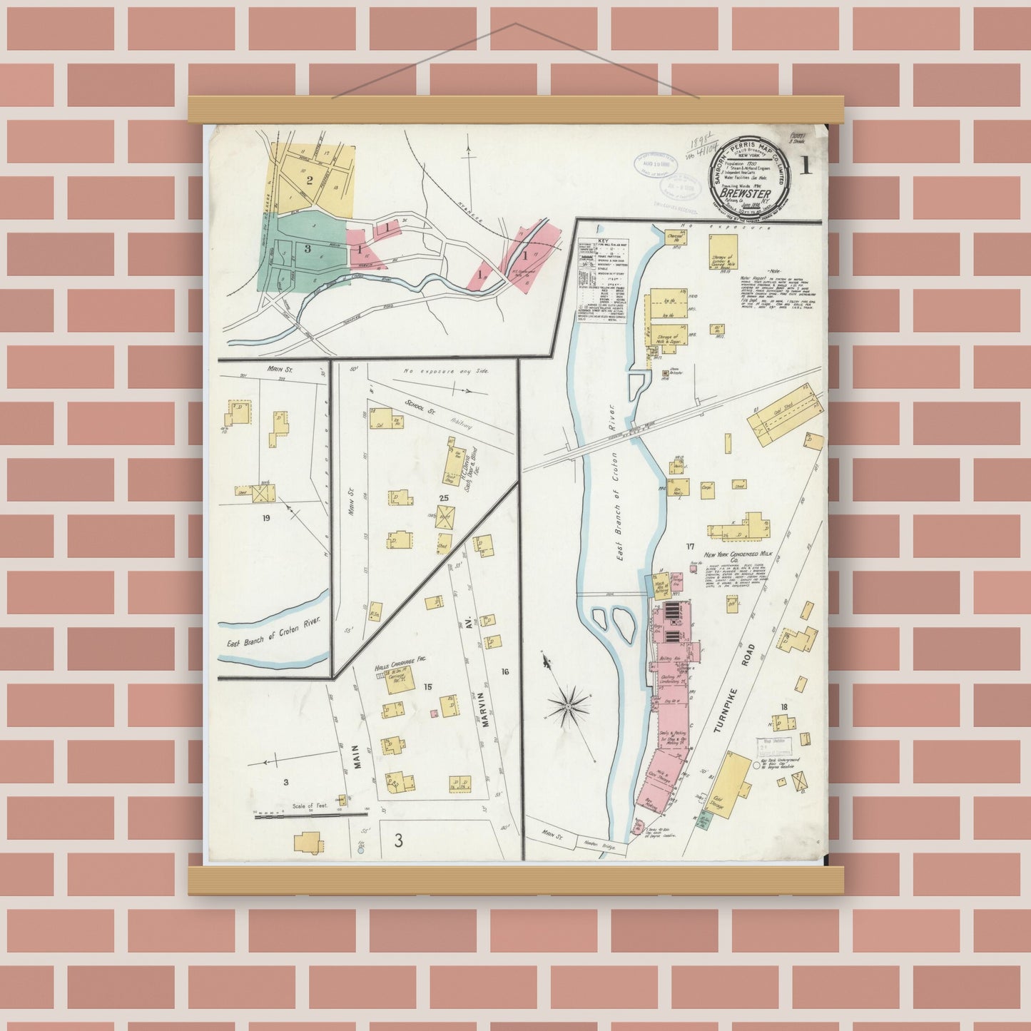 Old map wall art mockup — magnetic wood frame on brick wall — Sanborn Fire Insurance Map from Brewster, Putnam County, New York (1898) - Complete Map Set