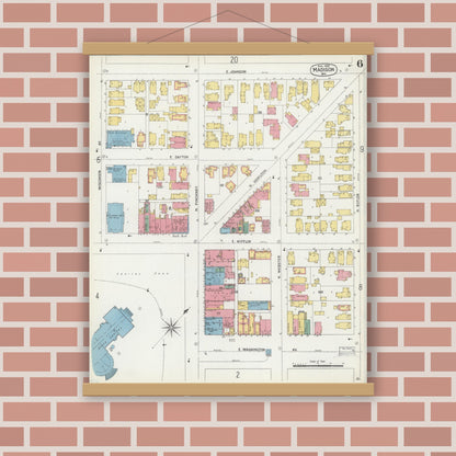 Old map wall art mockup — magnetic wood frame on brick wall — Sanborn Fire Insurance Map from Madison, Dane County, Wisconsin (1902), Sheet #0006