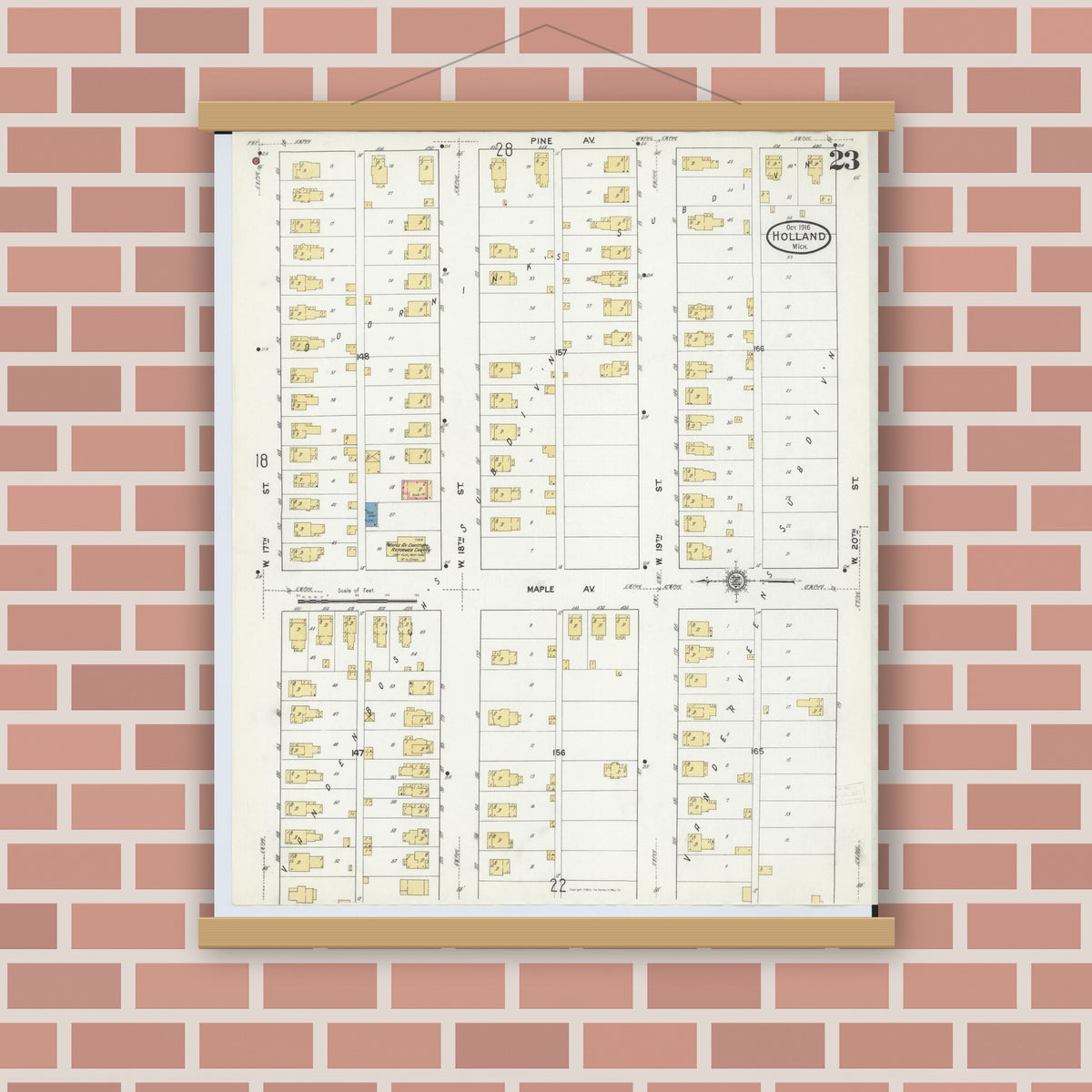 Old map wall art mockup — magnetic wood frame on brick wall — Sanborn Fire Insurance Map from Holland, Ottawa County, Michigan (1916), Sheet #0023