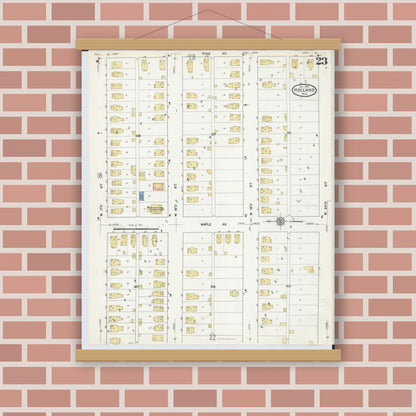 Old map wall art mockup — magnetic wood frame on brick wall — Sanborn Fire Insurance Map from Holland, Ottawa County, Michigan (1916), Sheet #0023