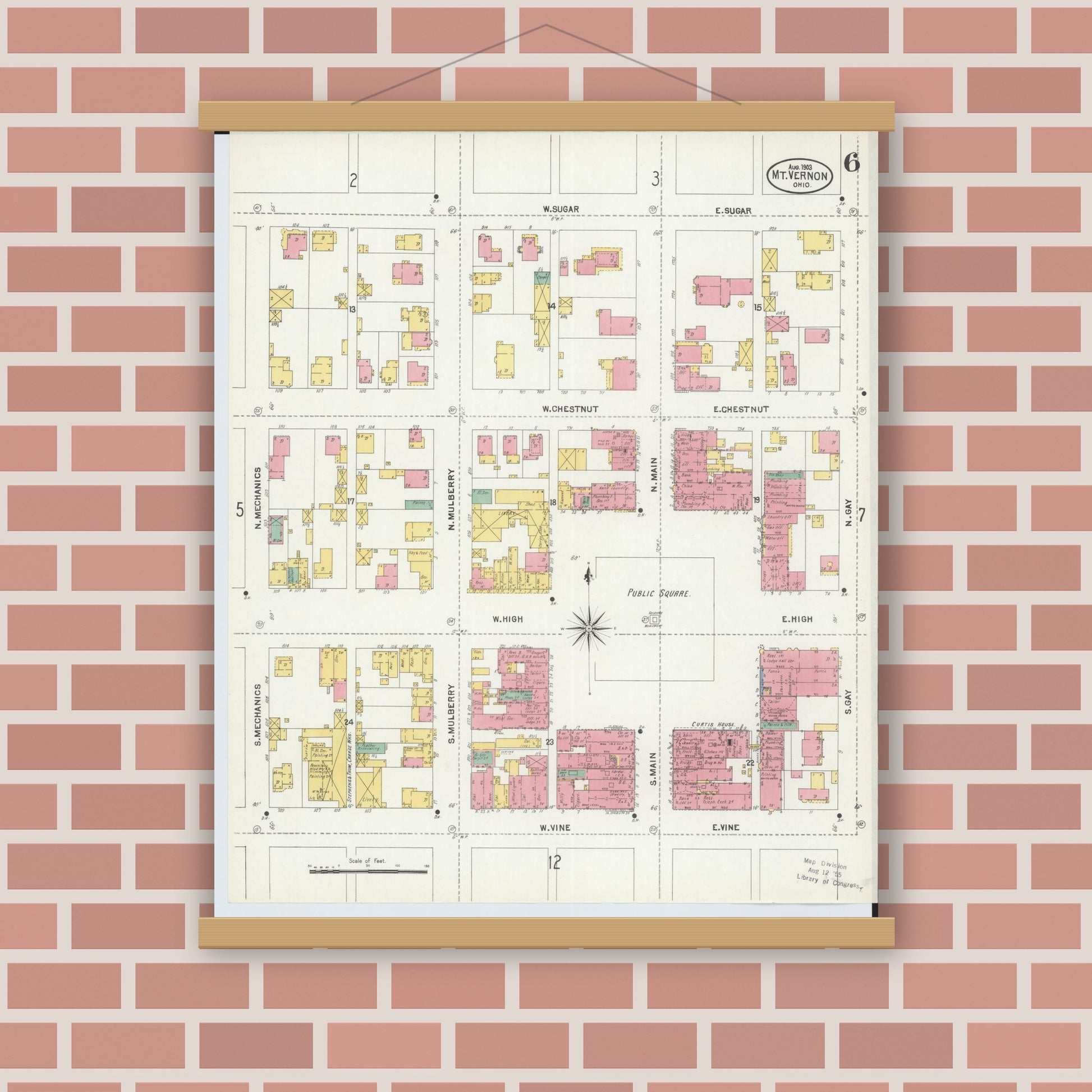 Old map wall art mockup — magnetic wood frame on brick wall — Sanborn Fire Insurance Map from Mount Vernon, Knox County, Ohio (1903), Sheet #0006