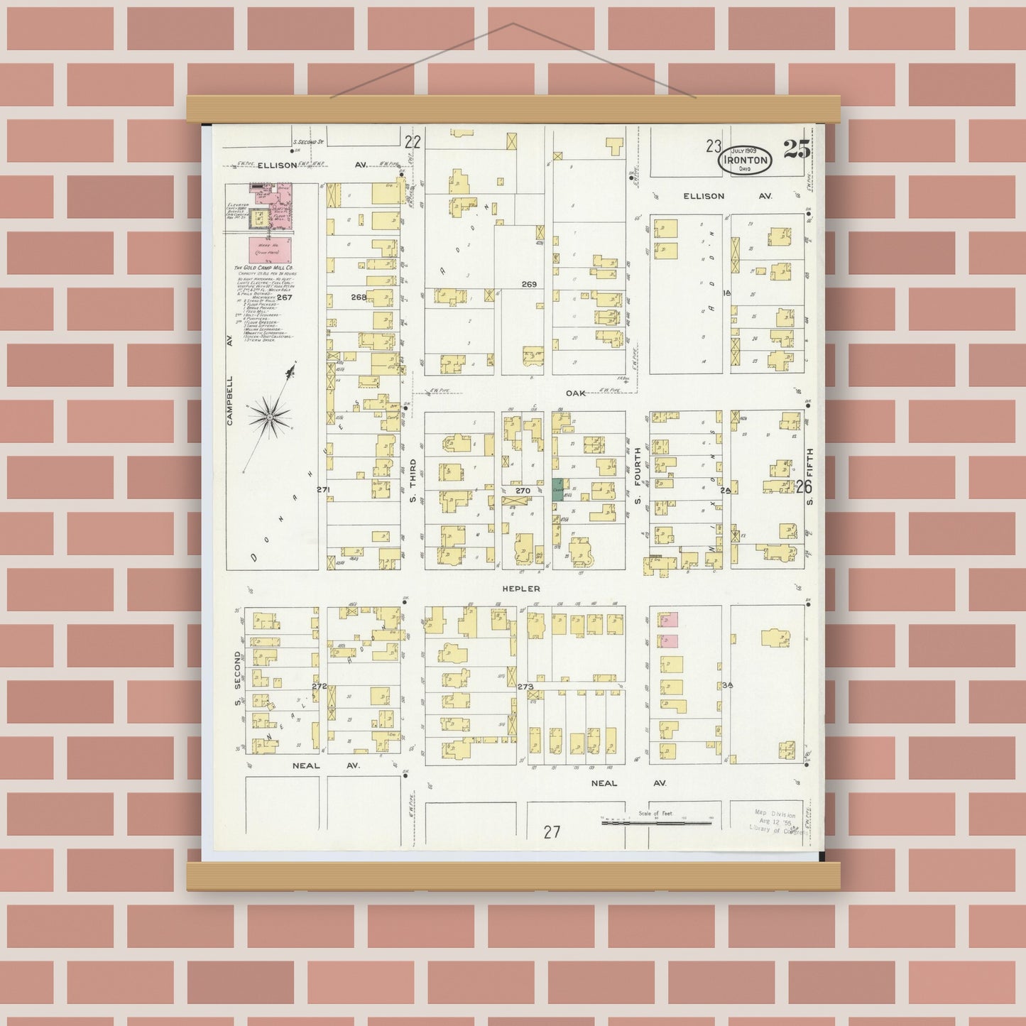 Old map wall art mockup — magnetic wood frame on brick wall — Sanborn Fire Insurance Map from Ironton, Lawrence County, Ohio (1909), Sheet #0025