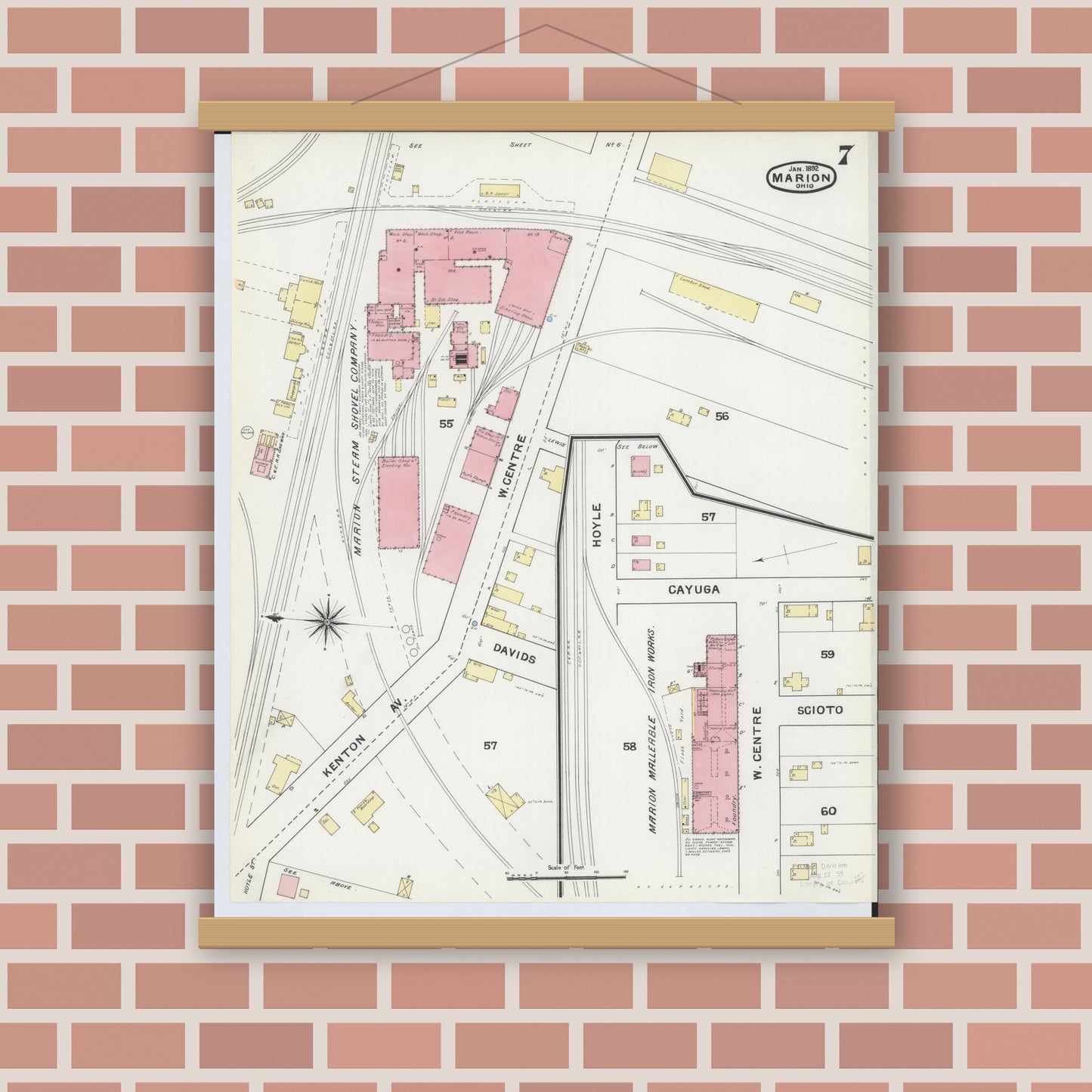Old map wall art mockup — magnetic wood frame on brick wall — Sanborn Fire Insurance Map from Marion, Marion County, Ohio (1892), Sheet #0007
